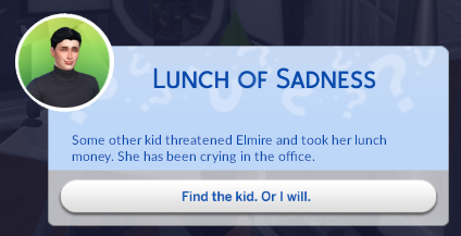 Elmire's school called Asher to tell him, "Some other kid threatened Elmire and took her lunch money. She has been crying in the office." He responded, "Find the kid. Or I will." 