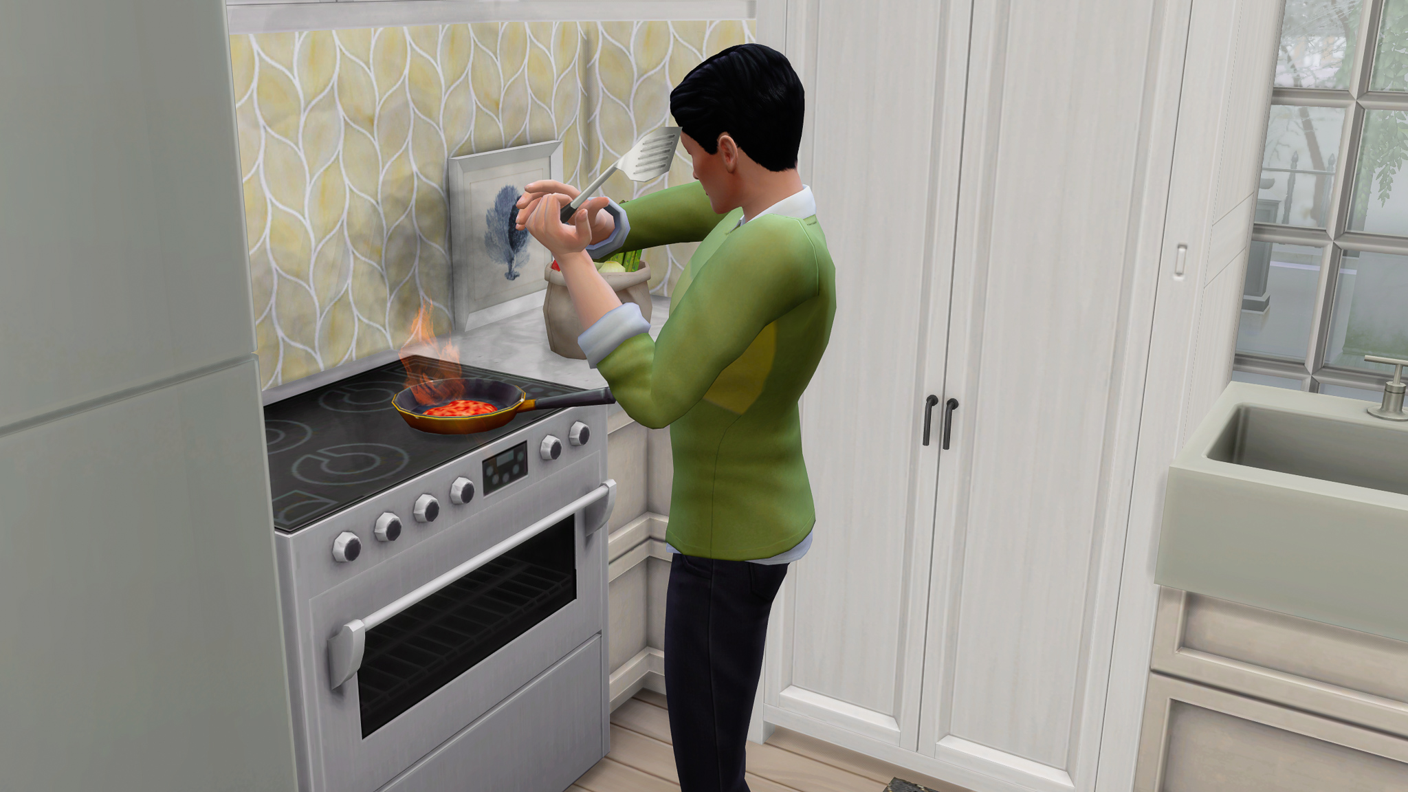 Asher uses the spatula to put out the slightly flaming food and things are okay. 
