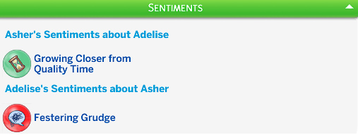 Asher's Sentiments about Adelise: Growing Closer from Quality Time
Adelise's Sentiments about Asher: Festering Grudge 