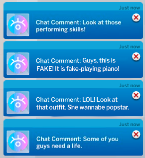 4 chat comments.
1: Look at those performing skills!
2: Guys, this is fake! It is fake-playing piano!
3: LOL! Look at that outfit. She wannabe popstar.
4: Some of you guys need a life. 
