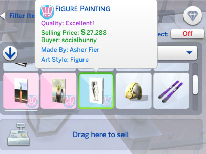  Asher's inventory showing his painting with a selling price of 27,288 simoleons. 