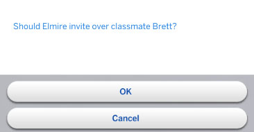 A Sims 4 UI pop-up asked, "Should Elmire invite over classmate Brett?" 