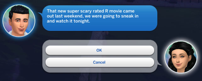 A Sims 4 UI pop-up with Brett asking, "That new super scary rated R movie came out last weekend, we were going to sneak in and watch it tonight." 