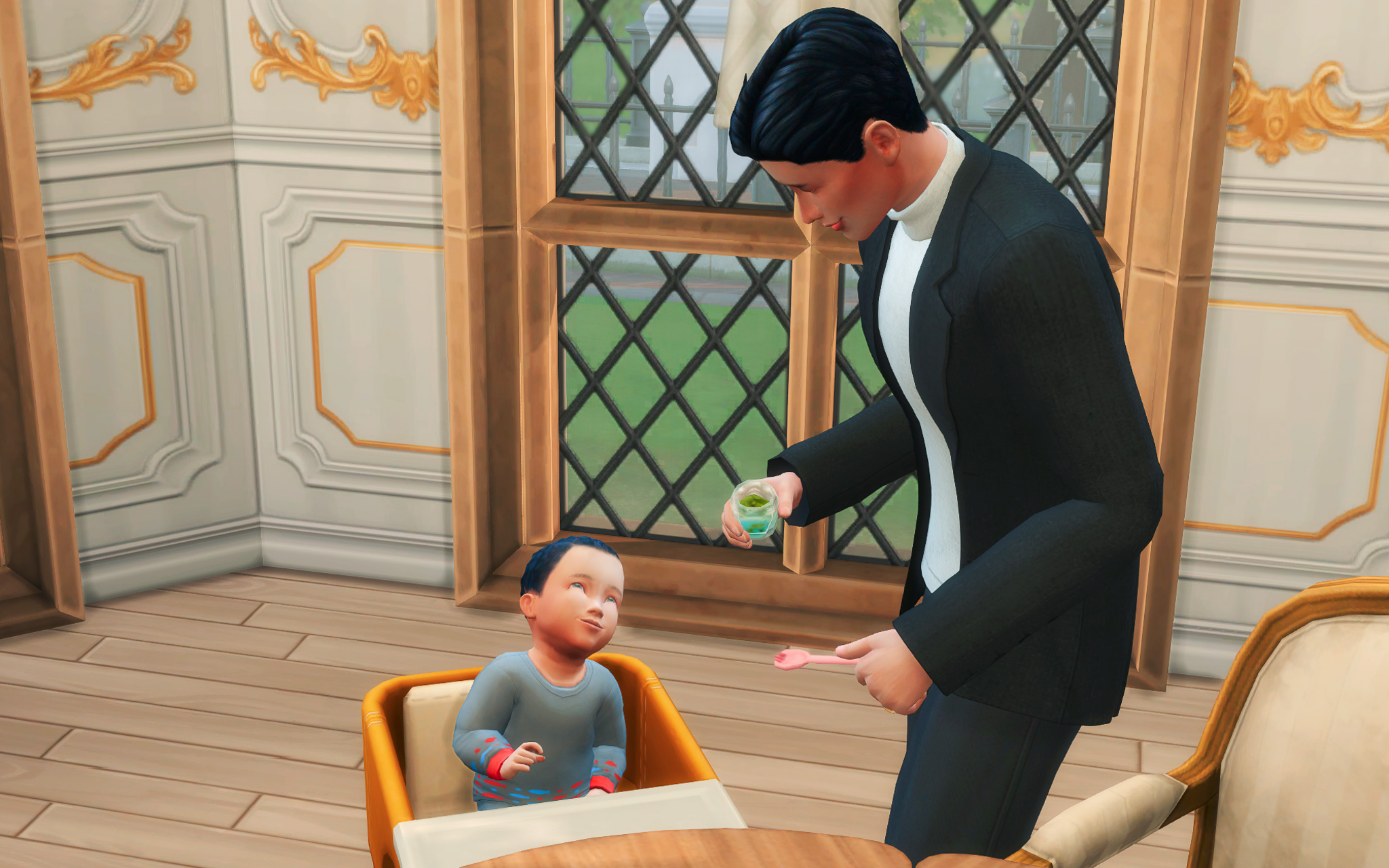 Asher feeds Evander baby food. Evander seems happy at first but his expression becomes more and more skeptical. 